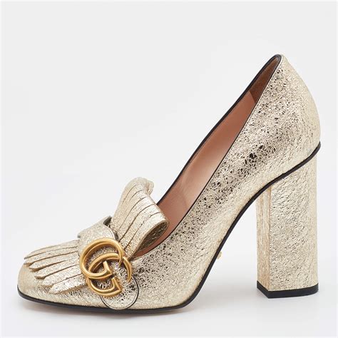 gucci gold block heel|gucci marmont fringe heels.